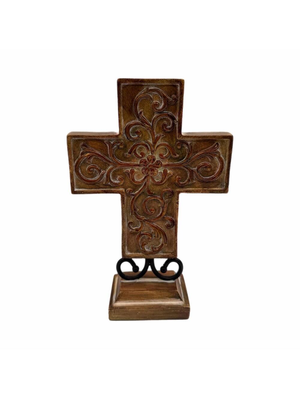 Vintage Southern Living Brown Carved Scrollwork 9.75” Tabletop Cross